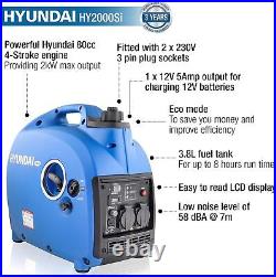 Hyundai 2000W / 2kW Petrol Inverter Generator, Pure Sine Wave Output, Suitcase