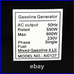 Petrol Generator Portable Max. 600W 2HP Quiet Outdoor Camping Power Manual Start